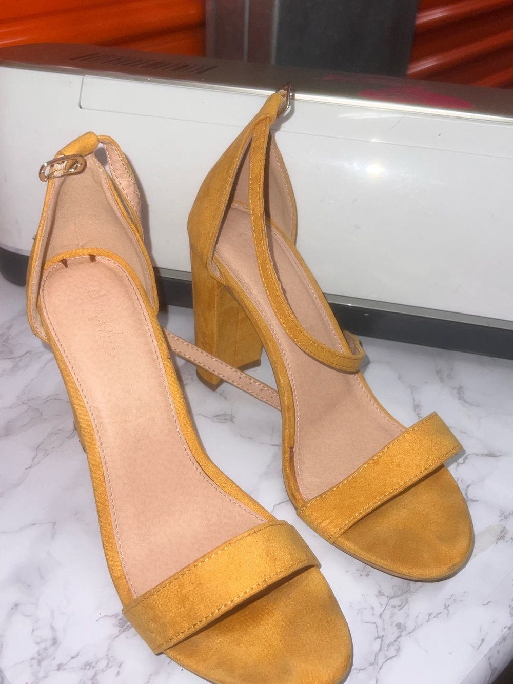 Mustard Suede Block Heel Ankle Strap Heels.